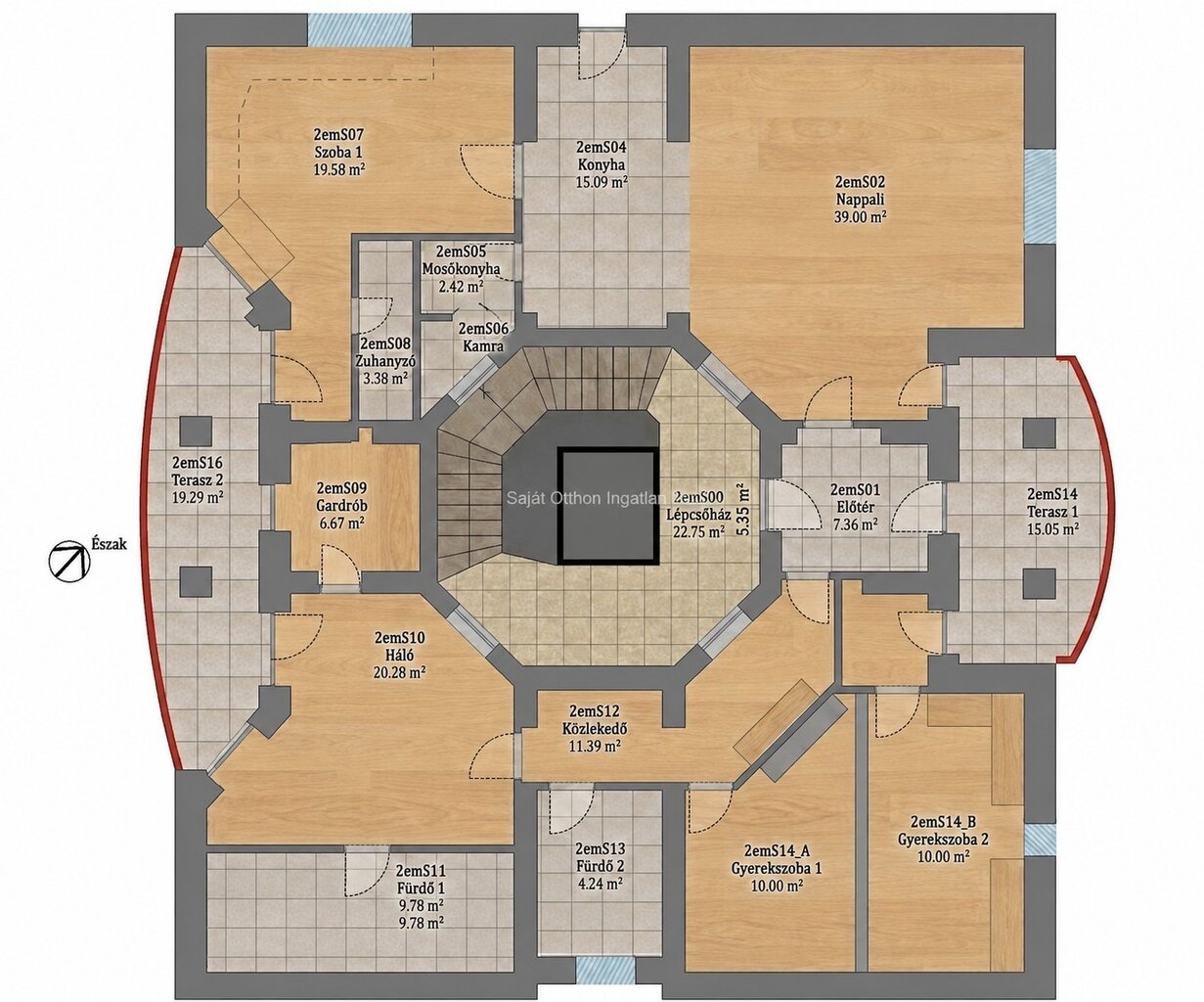 Az óbudai luxus penthouse részletes alaprajza: nappali, amerikai konyha, négy hálószoba, három fürdőszoba, gardrób, kamra, mosókonyha és két terasz